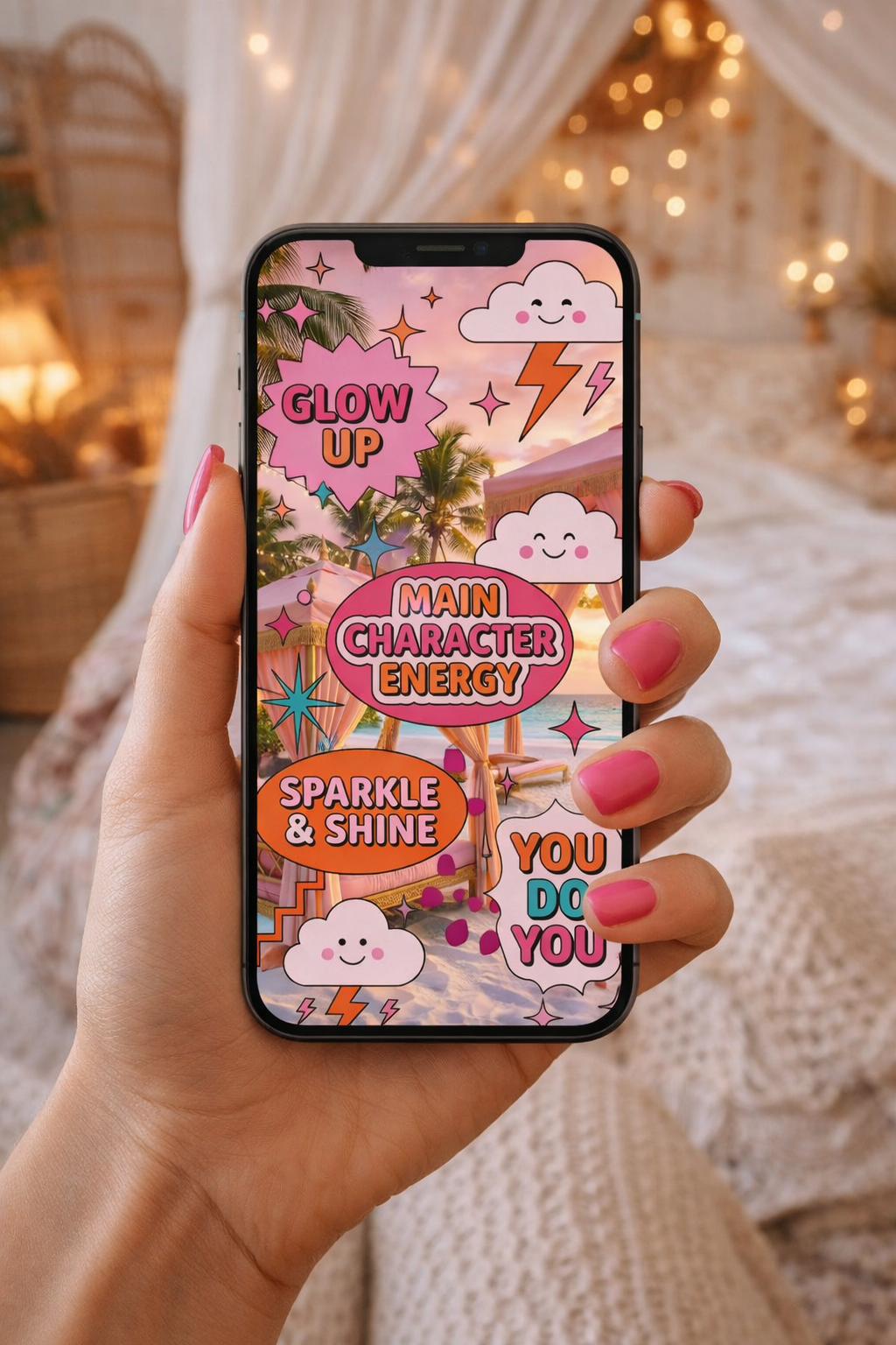 Phone with colorful app interface held by a hand in a softly lit room.