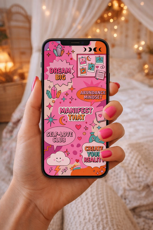 Hand holding a phone with a colorful app interface featuring motivational text.