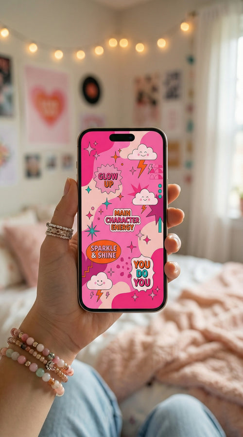 Person holding a phone with a pink case featuring cartoon characters in a bedroom setting.