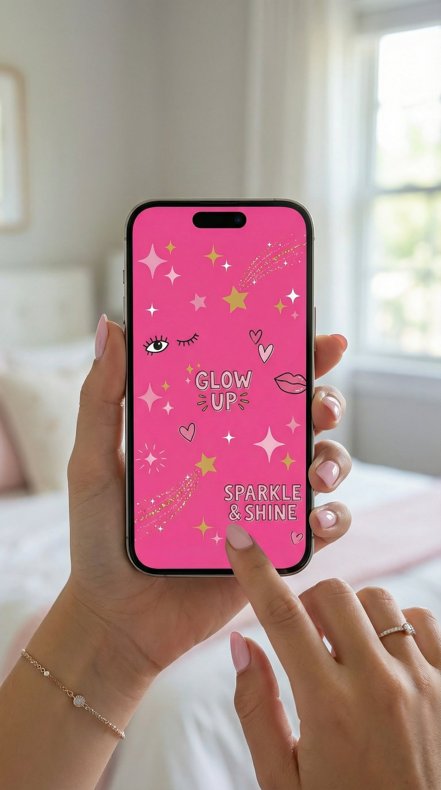 Phone with a pink case featuring motivational text held by a person indoors.